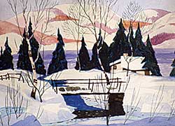 #242 ~ Norwell - Untitled - Winter Landscape with Cabin by a Lake