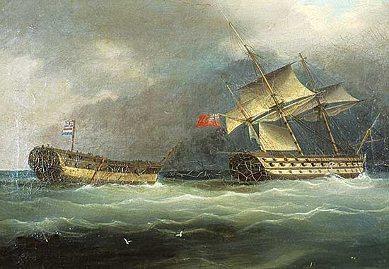 #107 ~ Huggins - Untitled - A British Warship with a Dutch Hulk in Tow