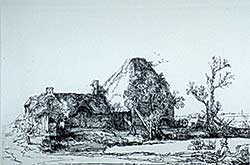 #528 ~ Rembrandt - Cottages and Farm Buildings with a Man Sketching