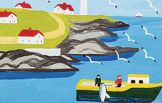 #147 ~ Lewis - Untitled - Bringing in the Catch, with Lighthouse and Seagulls in Background