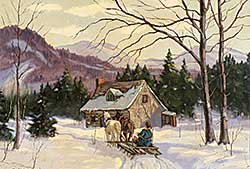 #508 ~ Woods - Untitled - Winter Cabin with Horse and Sleigh