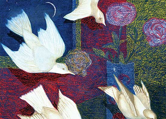 #523 ~ Spain - Untitled - White Birds and Crescent Moon