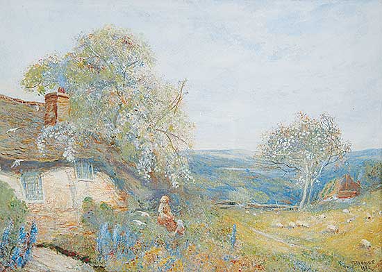 #224 ~ Hines - Untitled - Pastoral View with Lady in Front of a Cottage