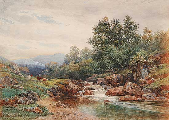 #242 ~ Williams of Plymouth - Untitled - Cattle Grazing by Waterfall in the Moors