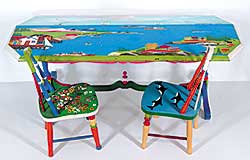 #71 ~ Norris - LOT OF THREE - Child's Trestle Table with View from Lower Prospect / Child's Chair with Dolphin and Bird Motif / Child's Chair with Flower Motif