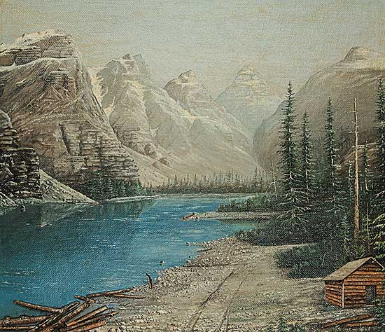 #93.1 ~ Patton - Untitled - Mountain Lake with Log Cabin