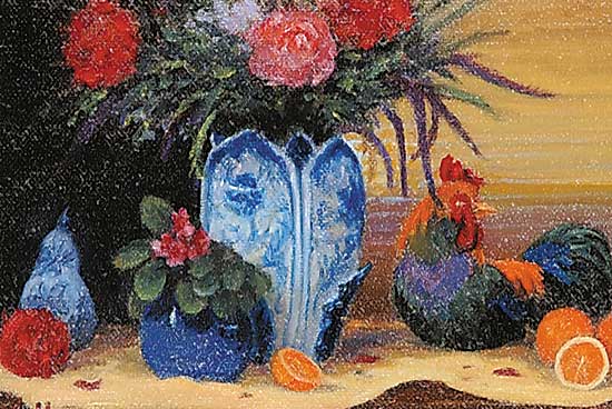 #555 ~ Staseson - Still Life with Rooster and Delft Vase