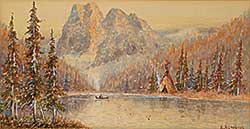 #448 ~ Hutchins - Untitled - Mountain Lake with Tepee and Fisherman