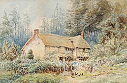 #857 ~ Harford - Untitled - Thatched Roof Cottage with Figures and Chickens
