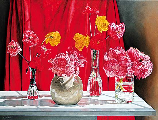 #66 ~ Lemay - Poppies and Begonias with Red Drapery