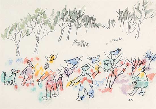 #75 ~ Mitchell - Untitled - People, Birds and a Dog