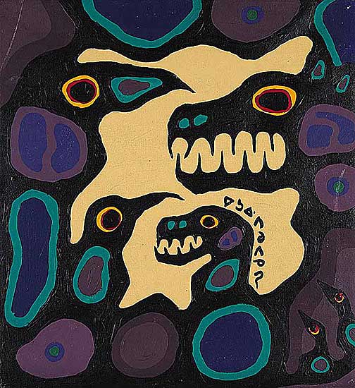 #81 ~ Morrisseau - Untitled - Thunderbirds and Bird Family on Yellow Background