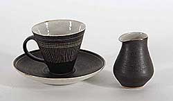 #79 ~ Rie - Untitled - Black and White Teacup with Saucer and Pitcher