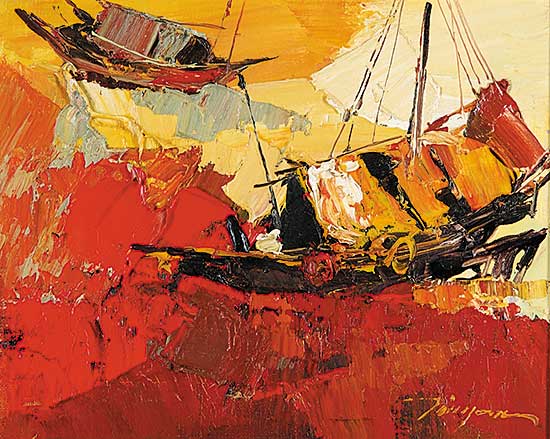 #612 ~ Chan - Untitled - Two Chinese Junks on the Red Sea with Yellow Sky