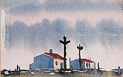 #529 ~ Genn - Untitled -Totem Poles and Houses with a Pink Sky