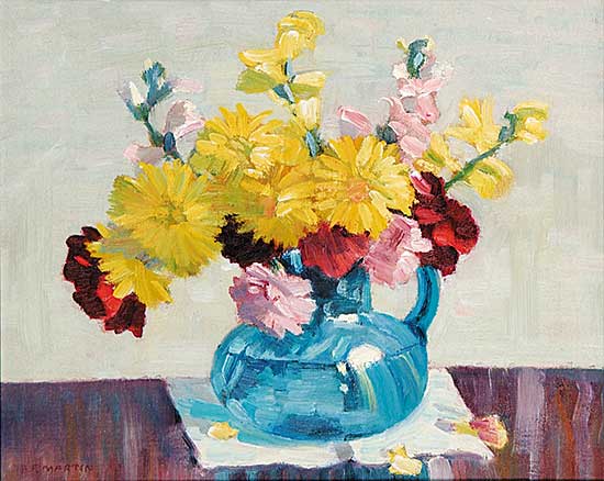 #67 ~ Martin - Chrysanthemums and Snapdragons in Blue Glass Jug