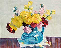 #67 ~ Martin - Chrysanthemums and Snapdragons in Blue Glass Jug