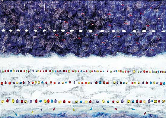 #516 ~ Spina - Arctic Row Housing with Red Ravens and Clouds