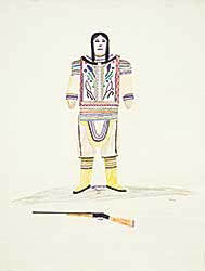 #141 ~ Inuit - Untitled - Inuit Figure with Pink Face, Brightly Coloured Outfit and Rifle on the Ground