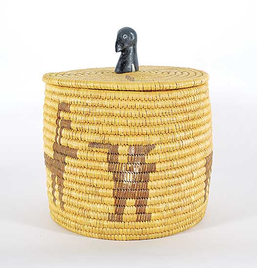 #165 ~ Niukpuk - Round Lyme Grass Basket with Soap Stone Bird Handle