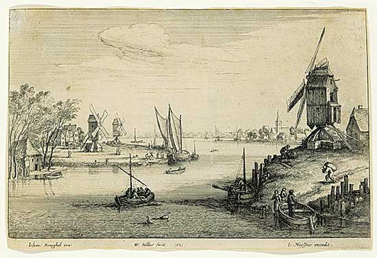 #156 ~ Hollar - Die drei Windmulen, after Jan Brueghel