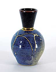 #1189 ~ McGie - Untitled - Blue, Brown and Gold Fluted Vase