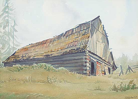 #516 ~ Shelton - Barn with Shake Roof and Two Evergreens