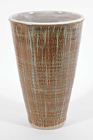 #2219 ~ Ceramic Arts Calgary - Untitled - Brown and Blue Vertical Striped Vase