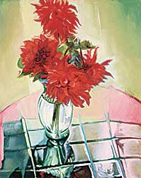#122 ~ Nagy - Red Dahlia in Green Vase