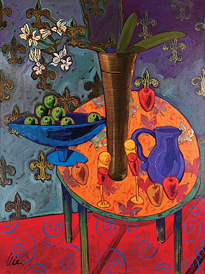 #240 ~ Leier - Green Oranges and Blue Jug on Love Glow Table #240 ~ Leier - Green Oranges and Blue Jug on Love Glow Table