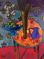#240 ~ Leier - Green Oranges and Blue Jug on Love Glow Table #240 ~ Leier - Green Oranges and Blue Jug on Love Glow Table