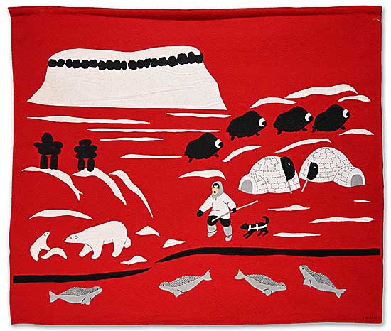 #1336 ~ Okheena - Untitled - Inuit Life on Red Background