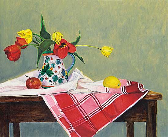 #1153 ~ Goodman - Red and Yellow Tulips in Italian Jug on Red Striped Cloth