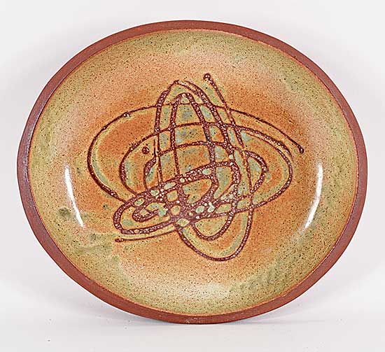 #1240 ~ Lindoe - Untitled - Green and Brown Dish with Spiral Design