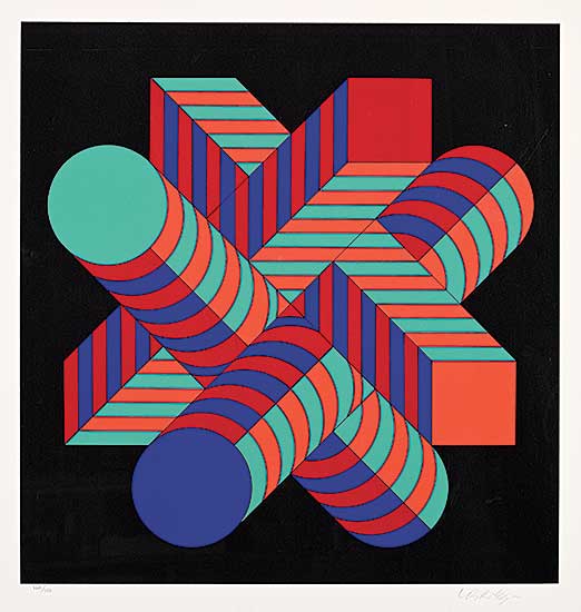 #256 ~ Vasarely - Untitled - Red, Blue and Turquoise Shapes  #220/250