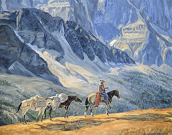 #2211 ~ McLean - Mt. Assiniboine Above Cerulean Lake, Rider and Two Pack Horses