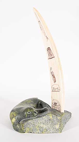 #1145 ~ Pava - Untitled - Walrus and Inuit Life Scrimshaw