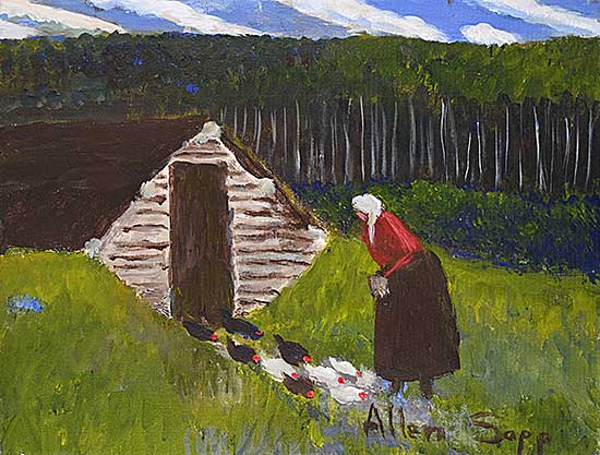 #1385 ~ Sapp - Untitled - Grandma Feeding Chickens