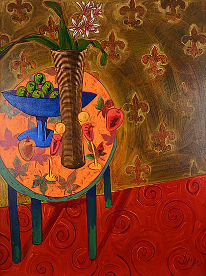 #190 ~ Leier - Wonderful Orchid, Blue Bowl of Green Oranges on Love Glow Table